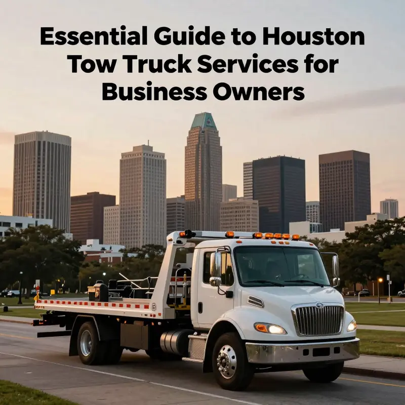 A scenic view of Houston at sunset, featuring a tow truck, emphasizing the importance of towing services.