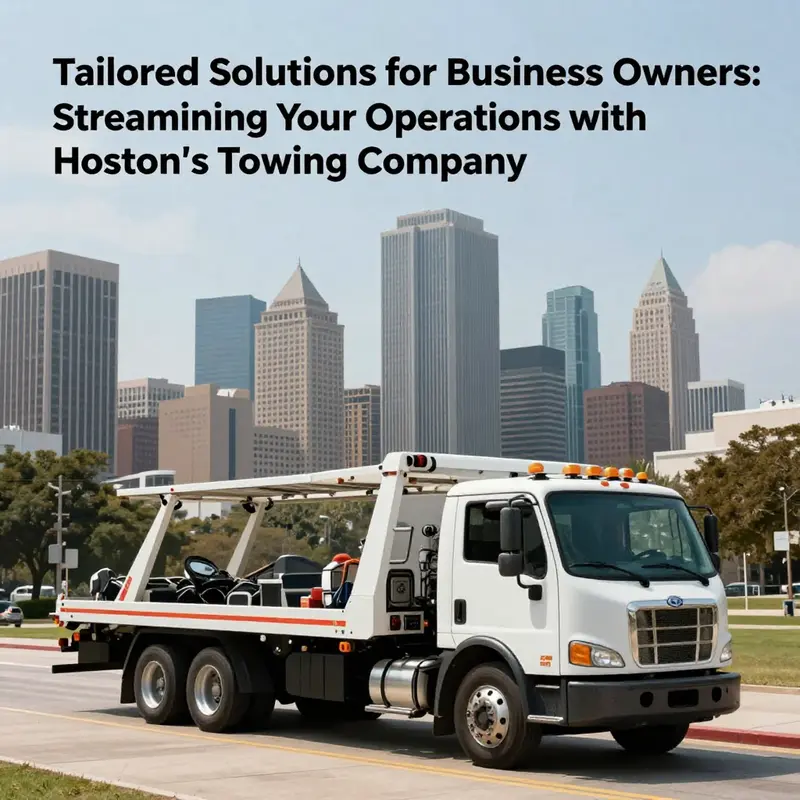A towing truck in front of Houston's skyline, illustrating the essential role of towing services for local businesses.