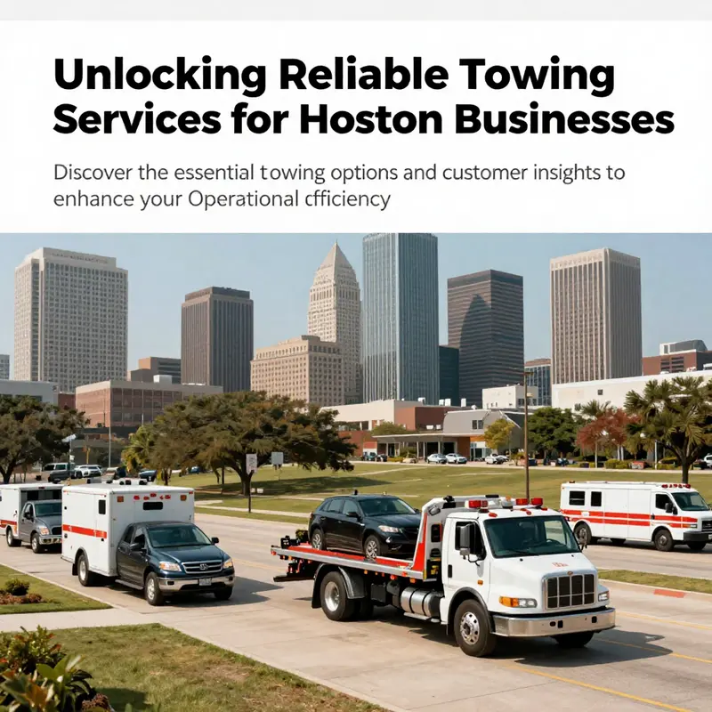 A panoramic image of the Houston skyline featuring various towing services at work, symbolizing community support.