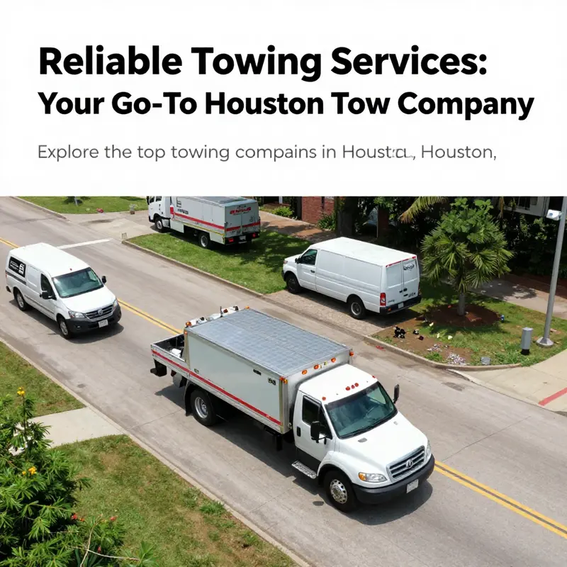 An expansive view of Houston's skyline with tow trucks from various companies responding to roadside incidents.