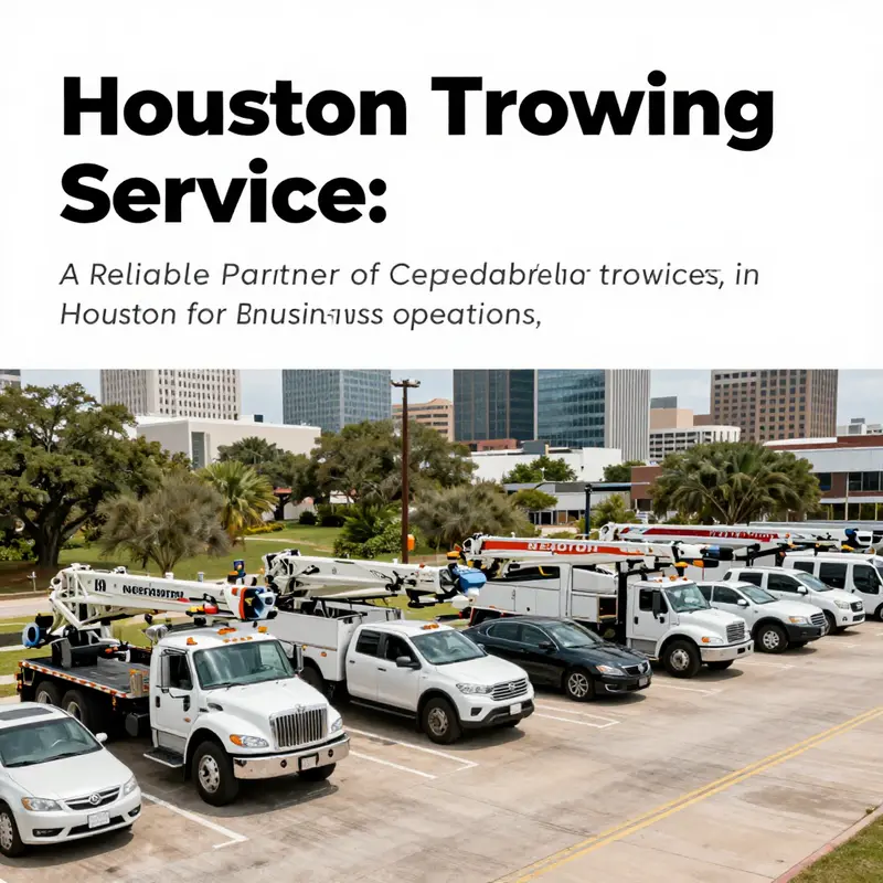 A cityscape of Houston with various vehicles and tow trucks representing towing services.