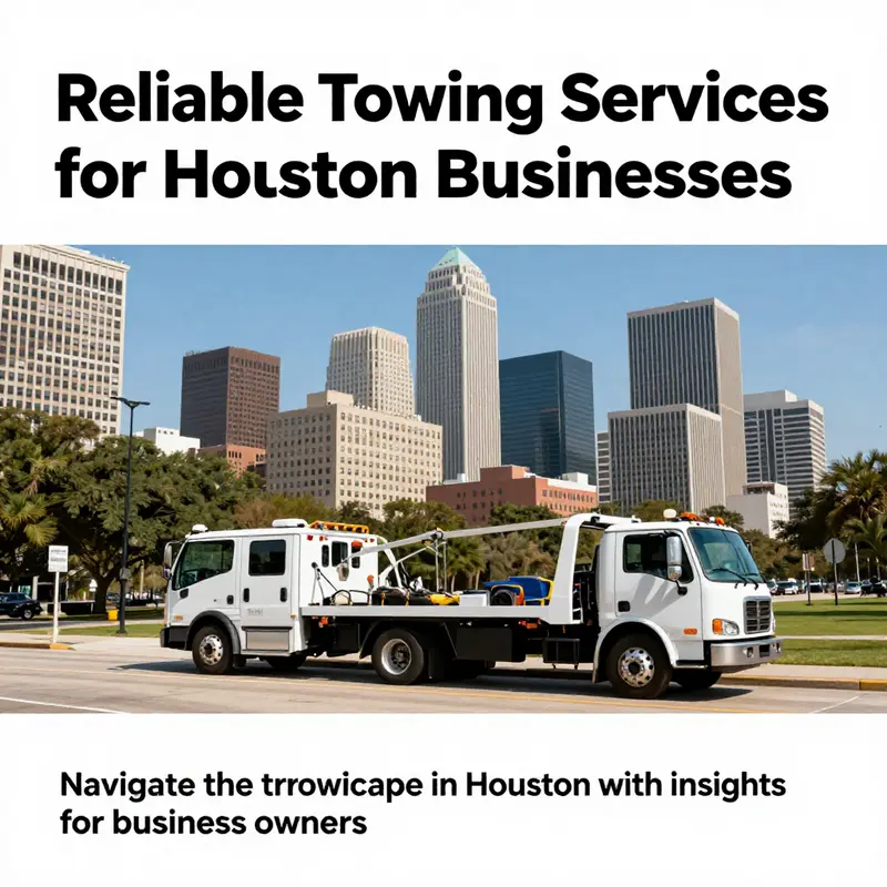 A scenic view of Houston's skyline with tow trucks, highlighting the city's robust towing services.