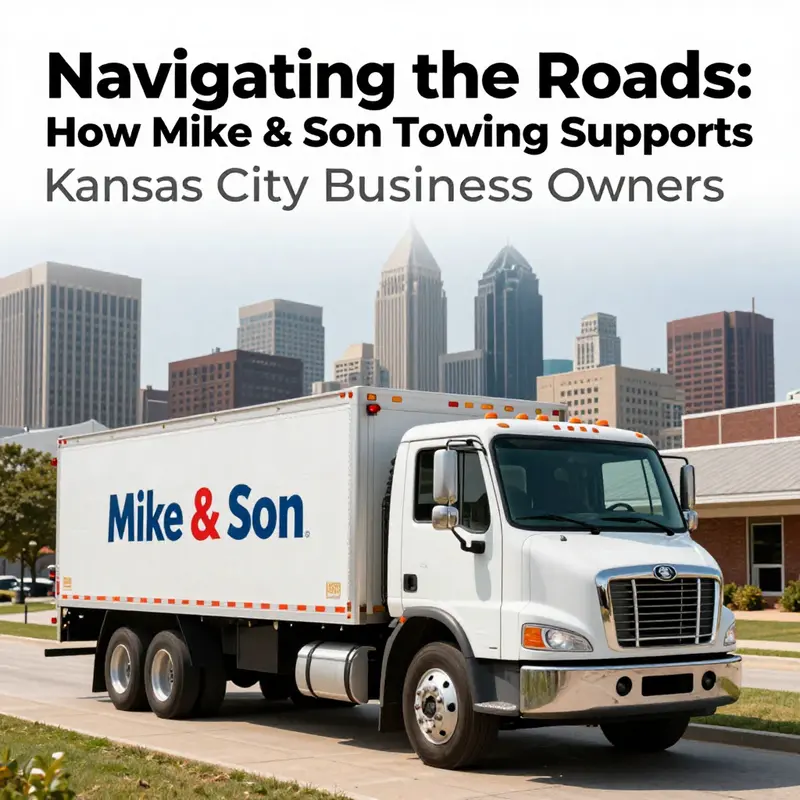 Mike & Son Towing truck in front of Kansas City skyline, representing their essential services for local businesses.
