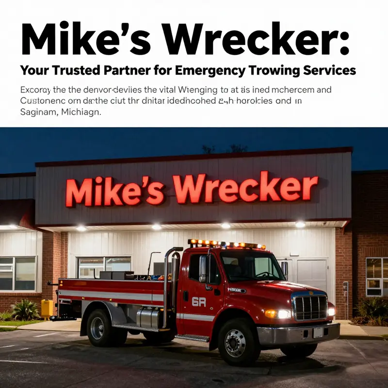 Night view of Mike's Wrecker facility with visible signage, indicating 24-hour towing services.