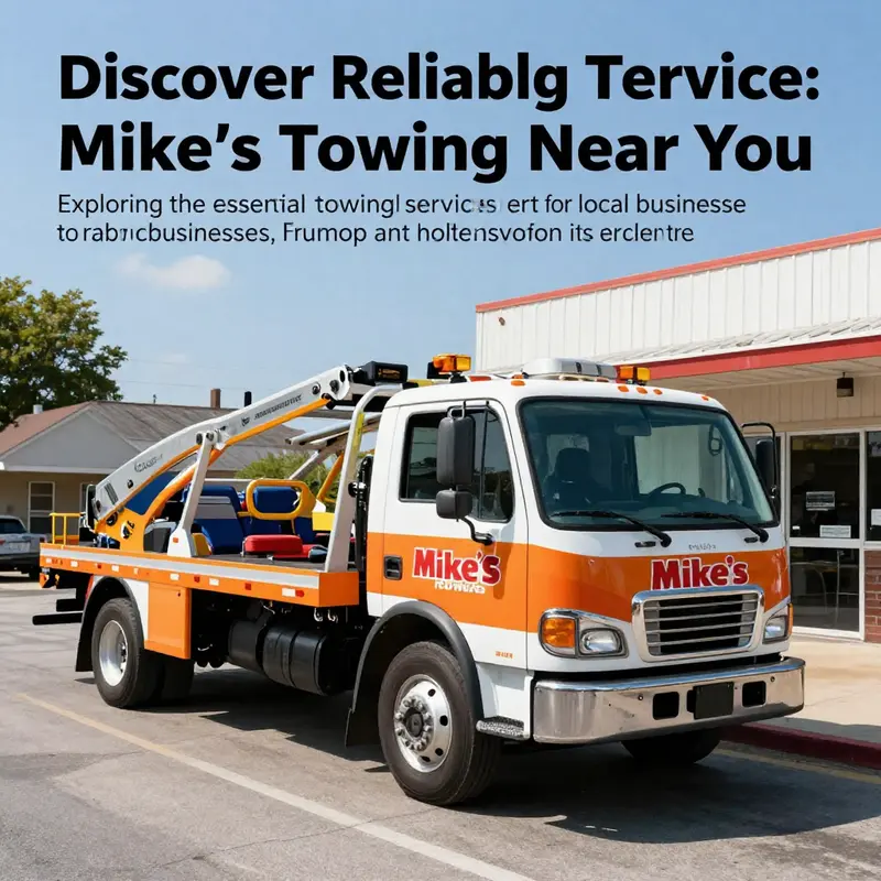 A Mike's Towing truck parked outside a small business, showcasing the dedicated support for local enterprises.