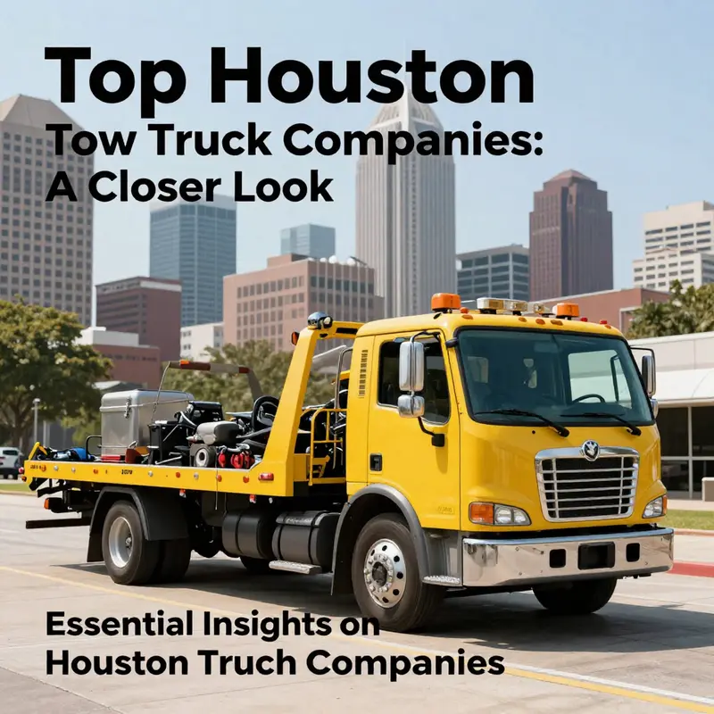 A top-rated Houston tow truck ready for service, with the city skyline in the background.