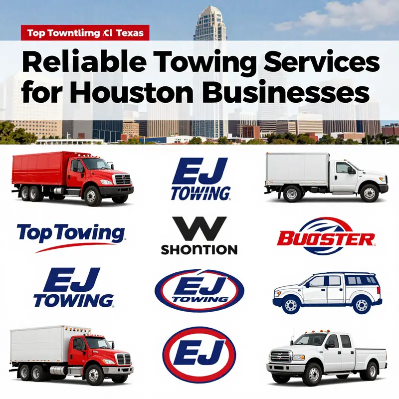 Logos and vehicles of Houston’s leading towing companies, representing reliability and service.