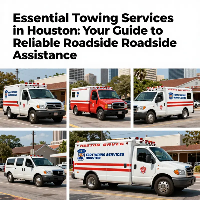 A visual collage representing various towing services in Houston with city elements.