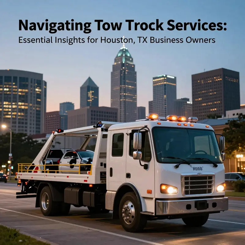 A photo of a tow truck located in front of a vibrant Houston skyline at dusk.