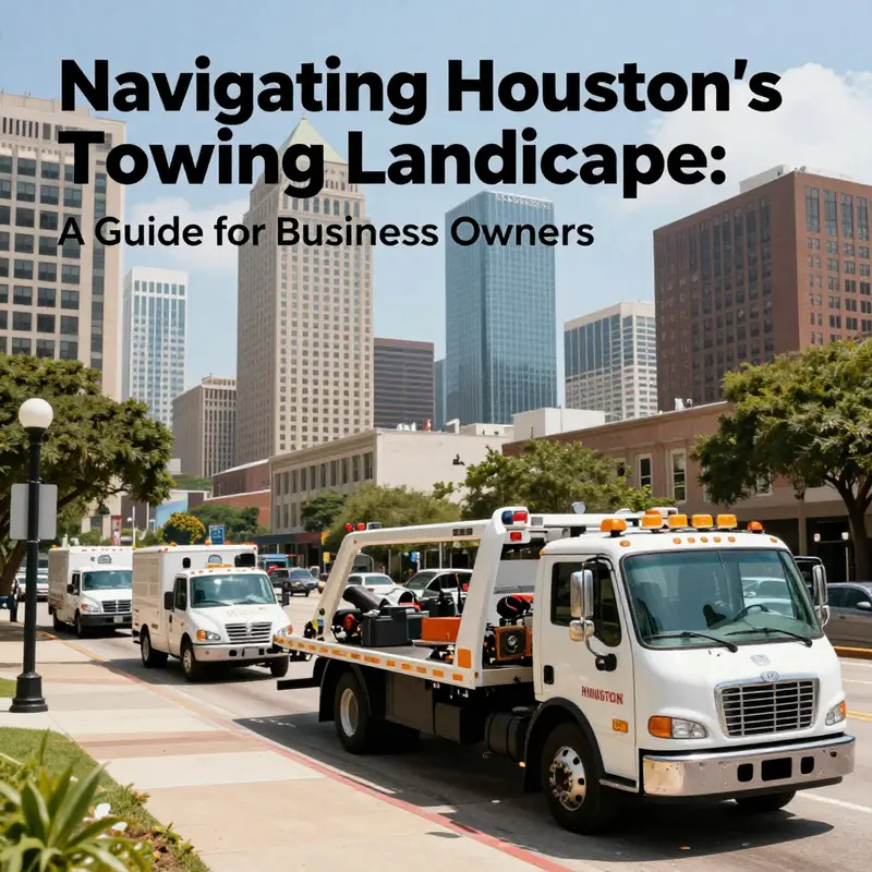 Houston city skyline with tow trucks actively engaged, illustrating the importance of towing services in an urban setting.