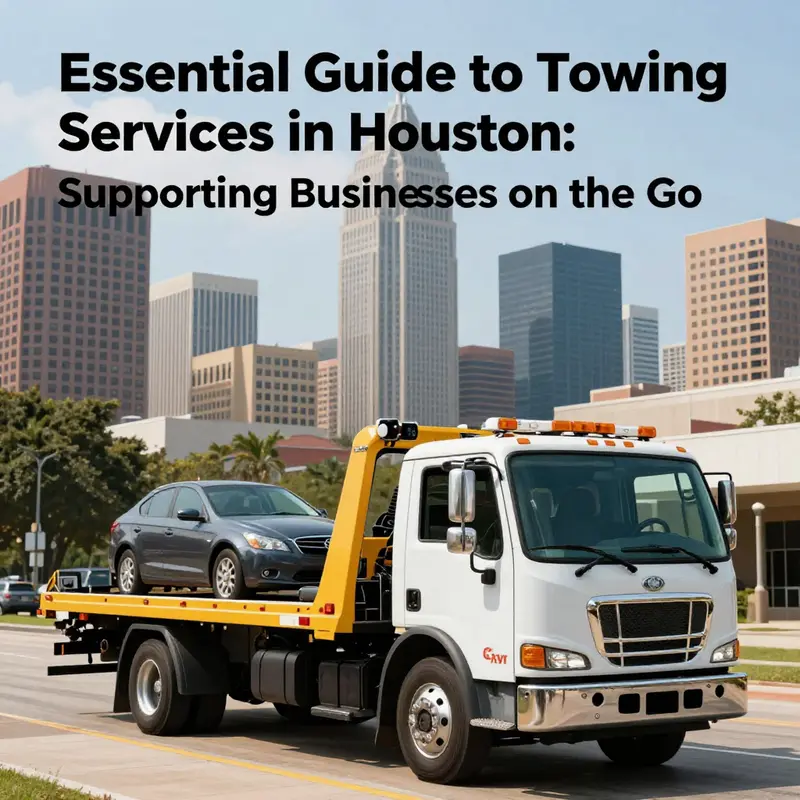 A tow truck in Houston's busy cityscape, representing the importance of towing services for business operations.