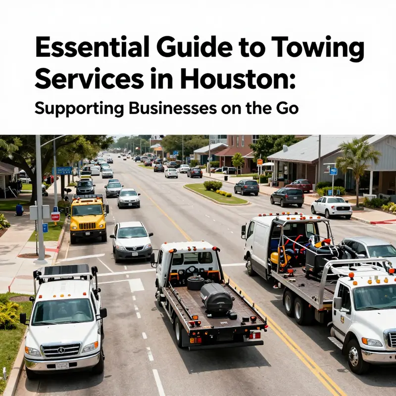 A vibrant street scene in Houston, featuring towing vehicles ready to assist businesses.