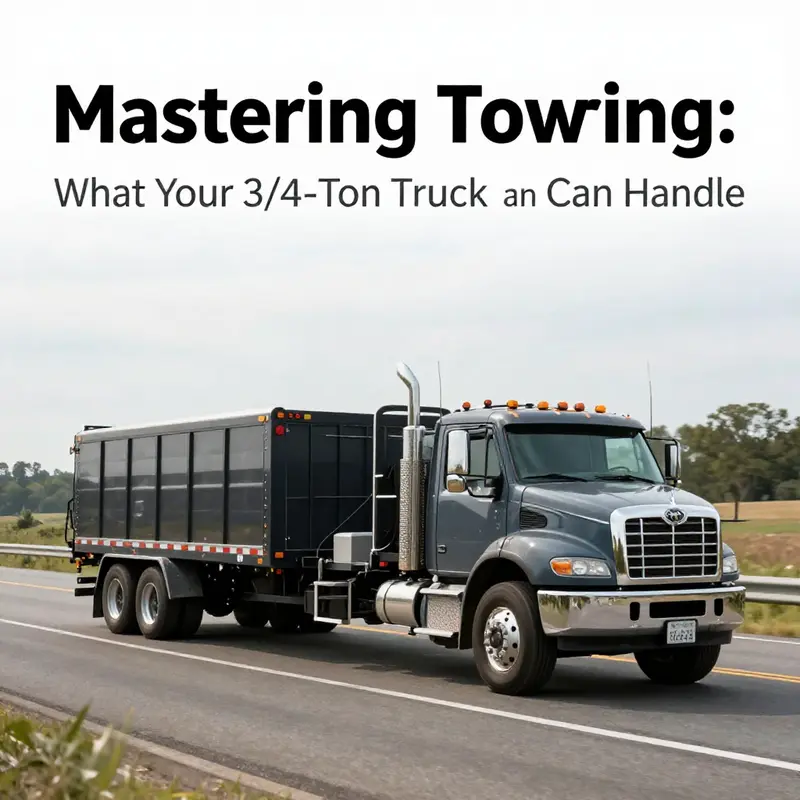 A 3/4-ton truck efficiently towing a heavy utility trailer, illustrating its towing prowess.