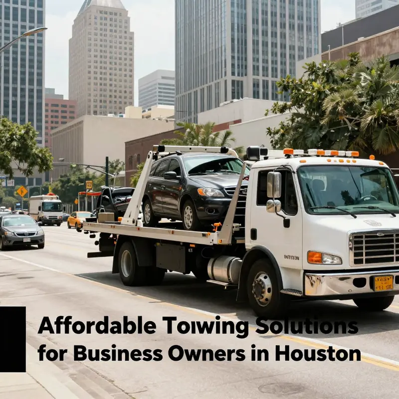 A towing truck providing assistance on a busy Houston street, illustrating the availability of cheap towing services.