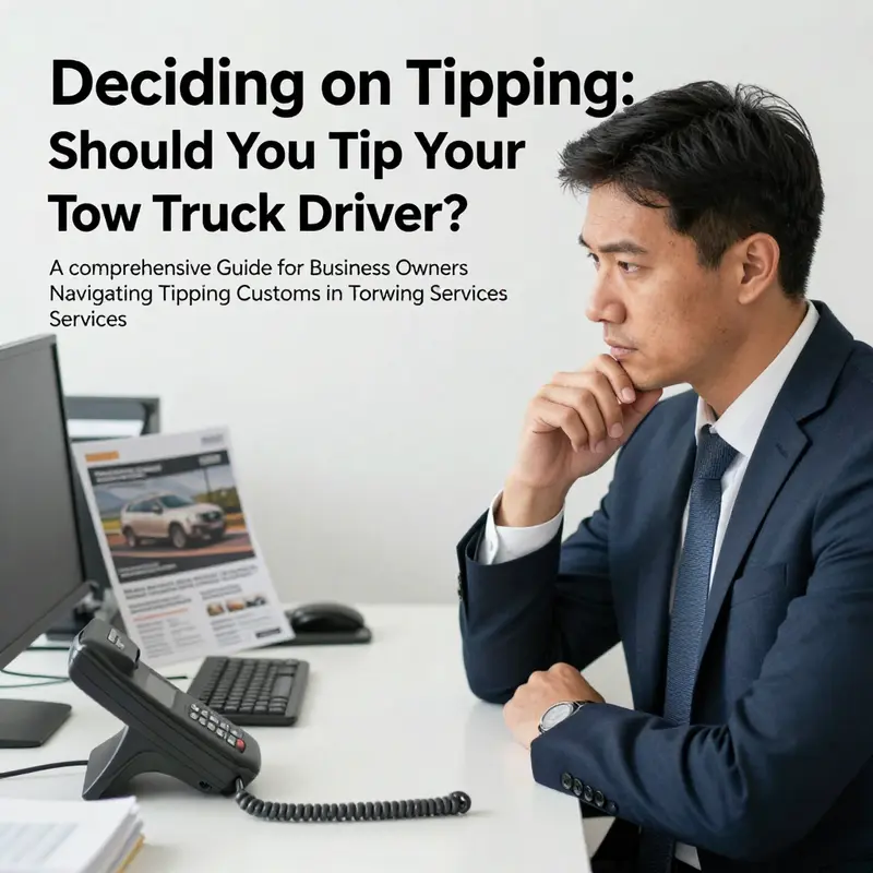 A business owner considering whether to tip, surrounded by materials related to towing services, illustrating thoughtfulness in customer interactions.
