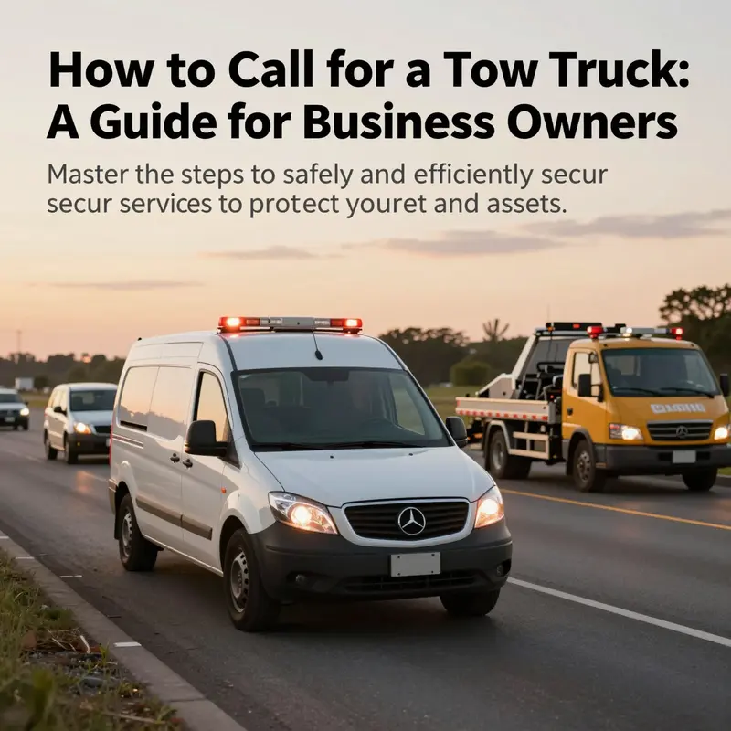 Business fleet vehicle stopped on highway shoulder at sunset with hazard lights on and tow truck approaching in the background.