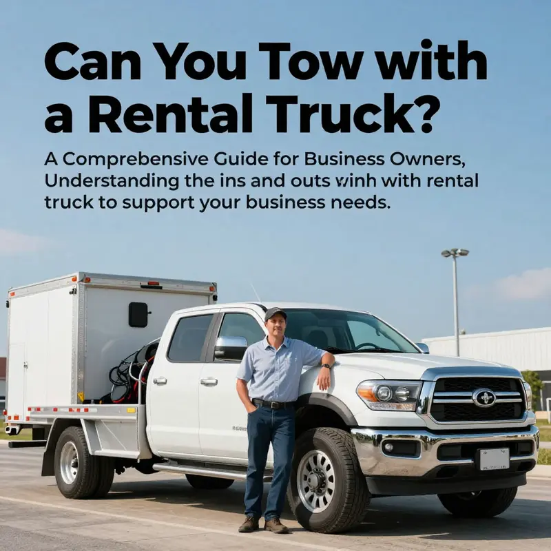 A business owner next to a rented pickup truck pulling a trailer, depicting the advantages of renting trucks for towing.