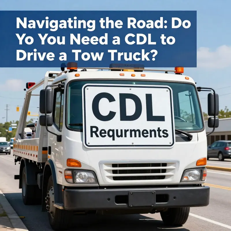 Tow truck featuring a notice on CDL requirements, highlighting the regulations for driving such vehicles.