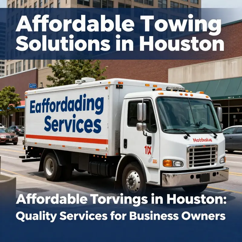 A tow truck providing affordable towing solutions in a busy Houston business district.