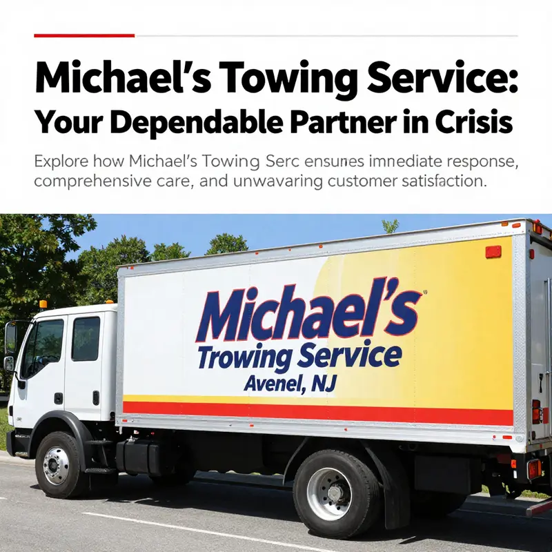 Michael's Towing Service truck with logo in a scenic backdrop of Avenel.
