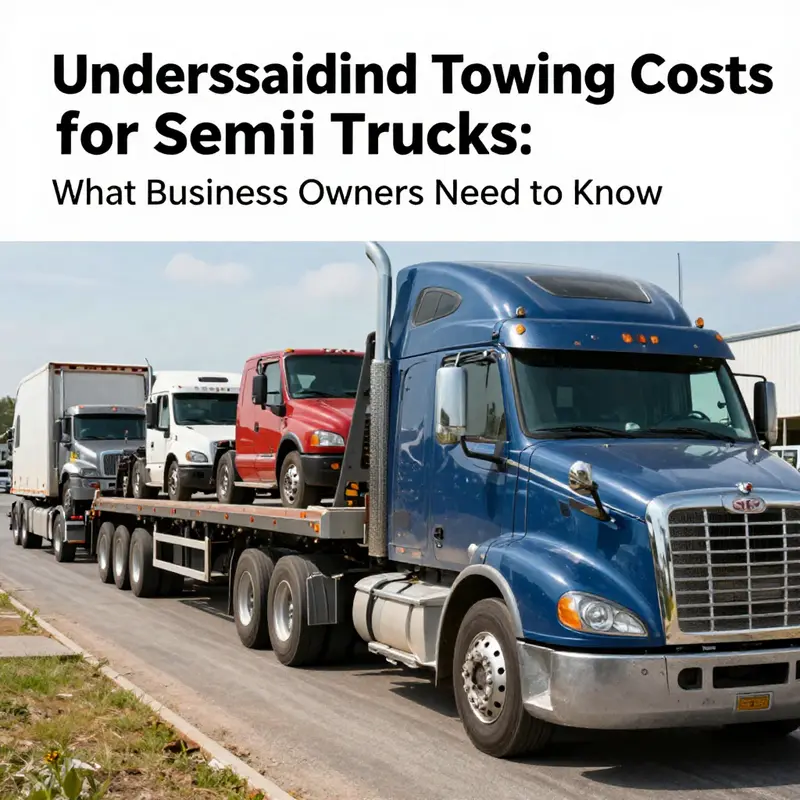 A collage of different semi trucks and towing scenarios highlighting the topic of towing costs for business owners.