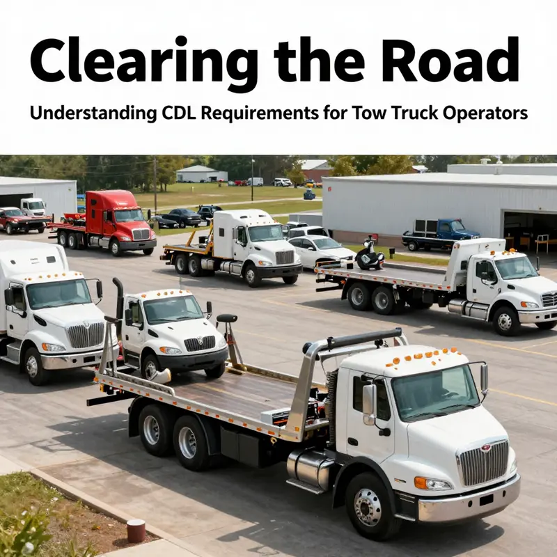 A collection of different tow trucks in a towing yard, visually representing the industry's various equipment and compliance needs.