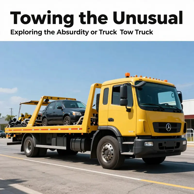 A tow truck humorously towing another tow truck in a scenic environment.