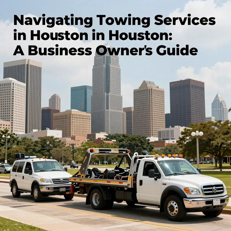 A panoramic scene of Houston with towing vehicles highlighting the city's robust towing industry.