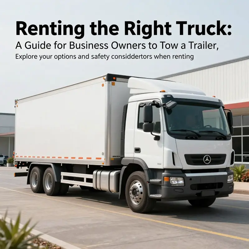 A rental truck towing a trailer parked in a scenic business area, portraying the concept of effective transport.