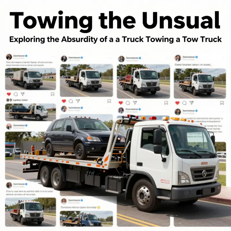 A quirky scene of a tow truck engaging in the absurd task of towing another, creating a comedic moment in urban life.