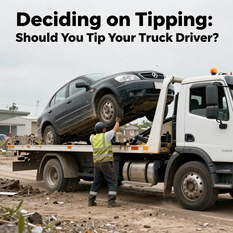 A tow truck driver providing help to a stranded motorist, emphasizing courteous service.