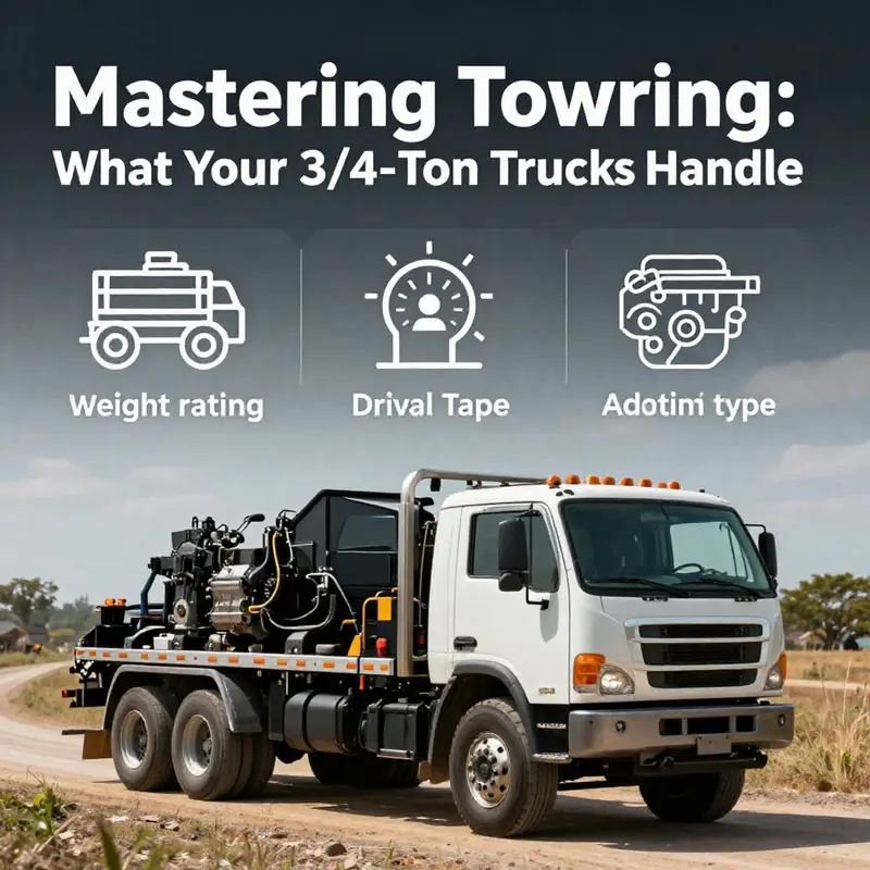A 3/4-ton truck efficiently towing a heavy utility trailer, illustrating its towing prowess.