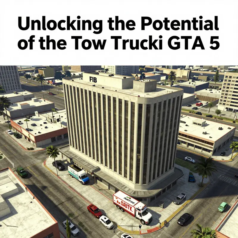 Aerial view of the FIB building marking the Tow Truck’s location in GTA 5.