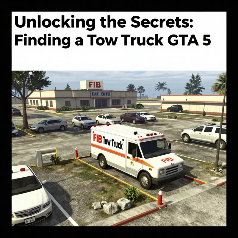 The FIB lot in GTA 5, featuring the consistently available Tow Truck.