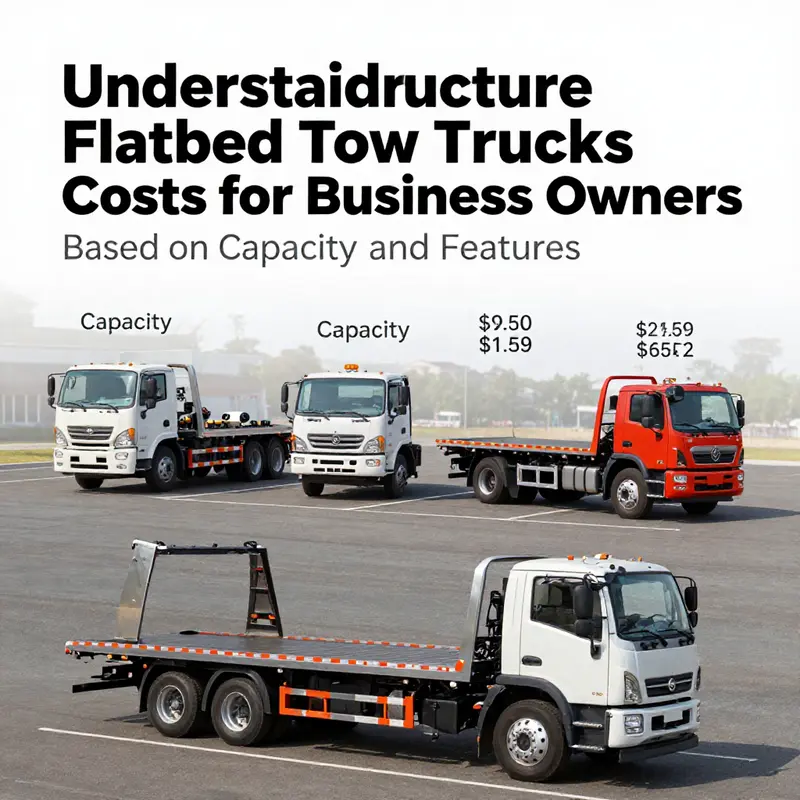Visual representation of diverse flatbed tow trucks categorized by size and price.