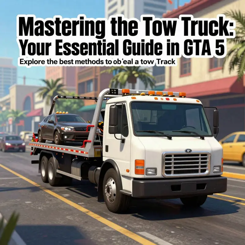 Cover image featuring a Tow Truck driving through the vibrant streets of GTA 5, capturing the essence of in-game vehicle dynamics.