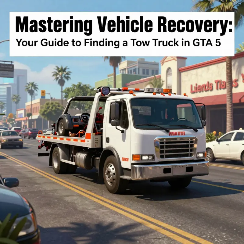 A bustling Los Santos street scene with a tow truck, reflecting the dynamic environment of GTA 5.