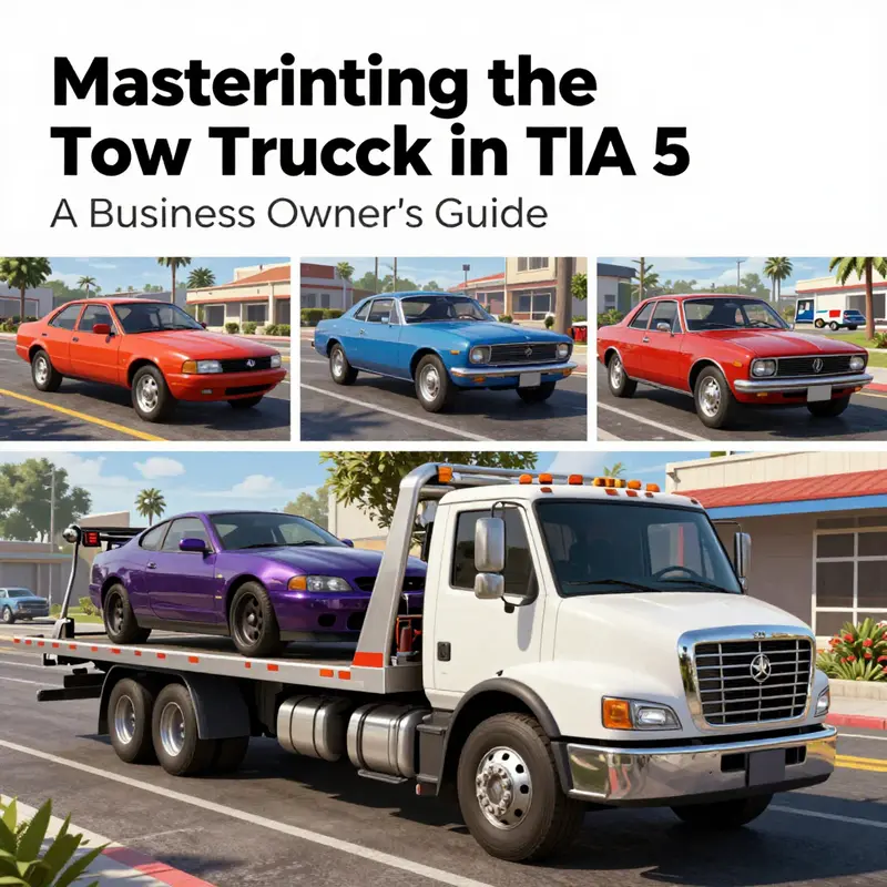 A vibrant collage depicting various towing scenarios in GTA 5, illustrating the versatility of tow trucks.