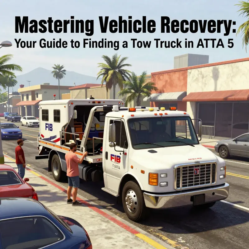A tow truck parked at the FIB Headquarters, one of the most reliable spawn points in Los Santos.