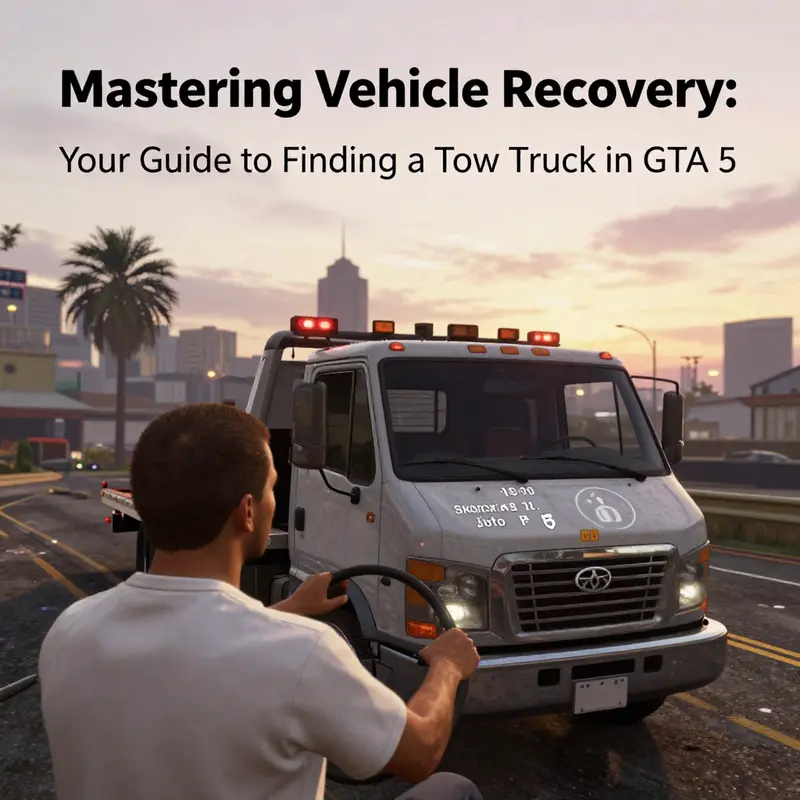 A tow truck parked at the FIB Headquarters, one of the most reliable spawn points in Los Santos.