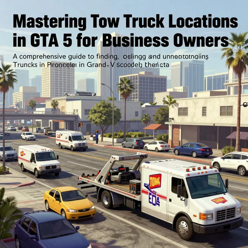 A panoramic cityscape of Los Santos showcasing tow trucks in action within the game's environment.