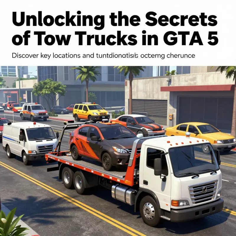 A collage of tow trucks and the vibrant cityscape of Los Santos highlights the significance of these vehicles in GTA 5.
