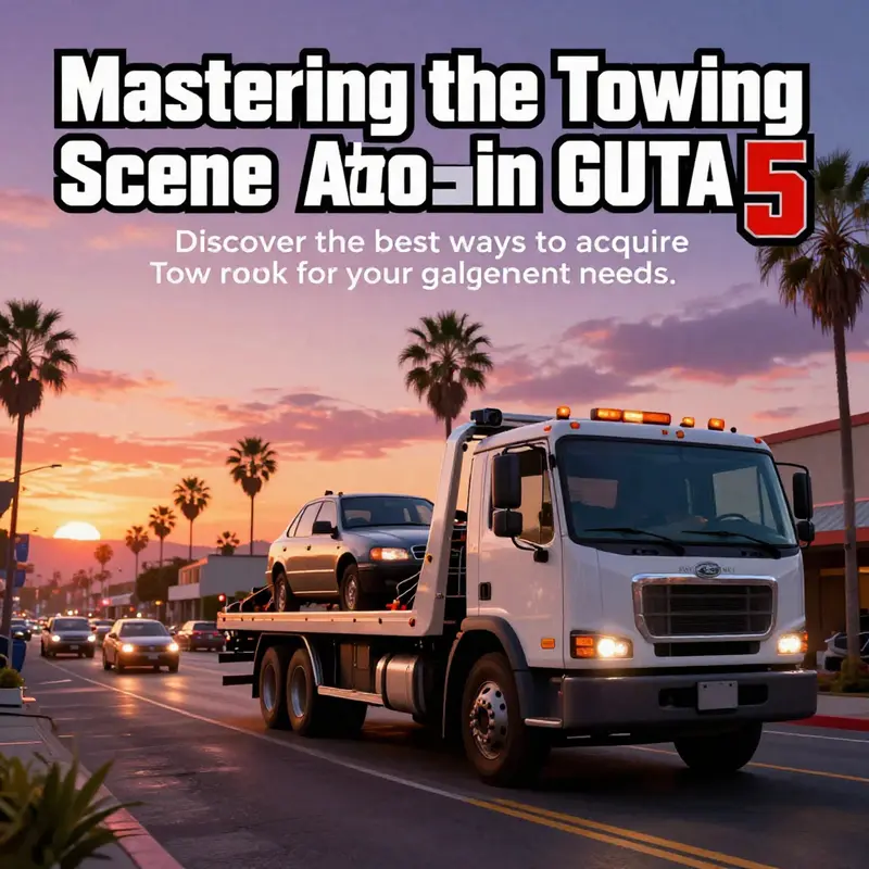 A Tow Truck towing a car on a bustling Los Santos street at sunset, representing the core gameplay of GTA 5.