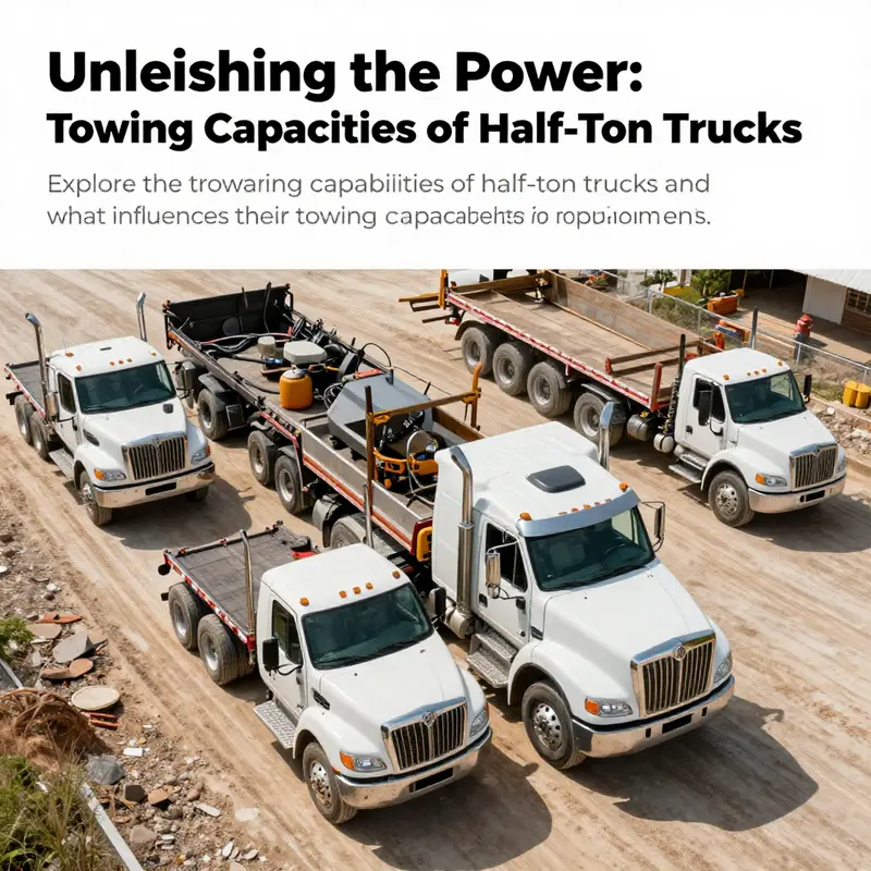 An aerial view of various half-ton trucks parked at a construction site, highlighting their utility and towing capabilities.