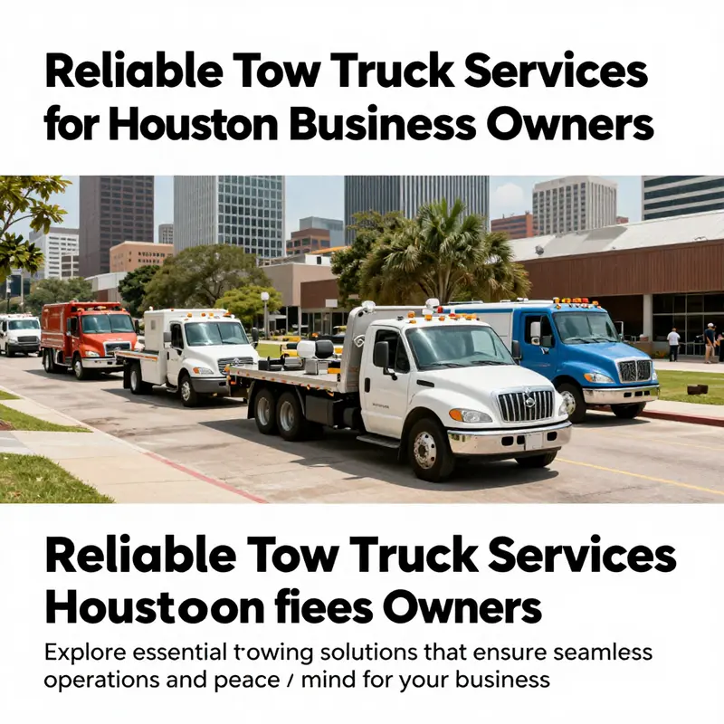 Panoramic view of Houston, illustrating multiple tow trucks ready to provide reliable towing services.