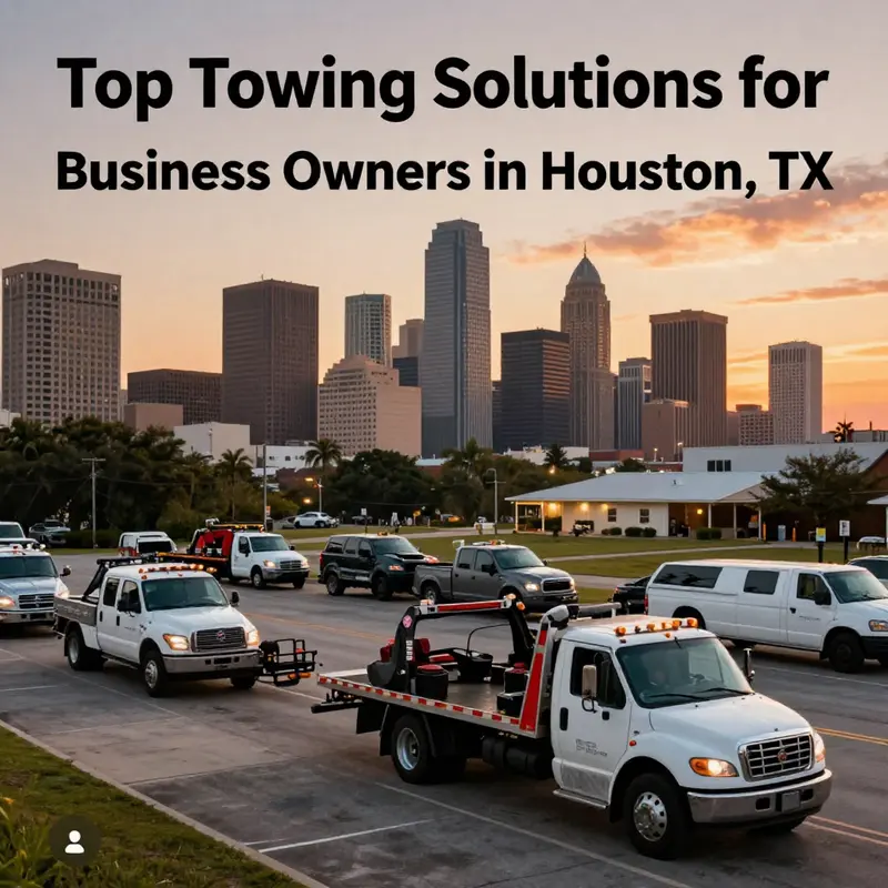 A scenic view of Houston with towing trucks, representing the towing industry essential for local businesses.