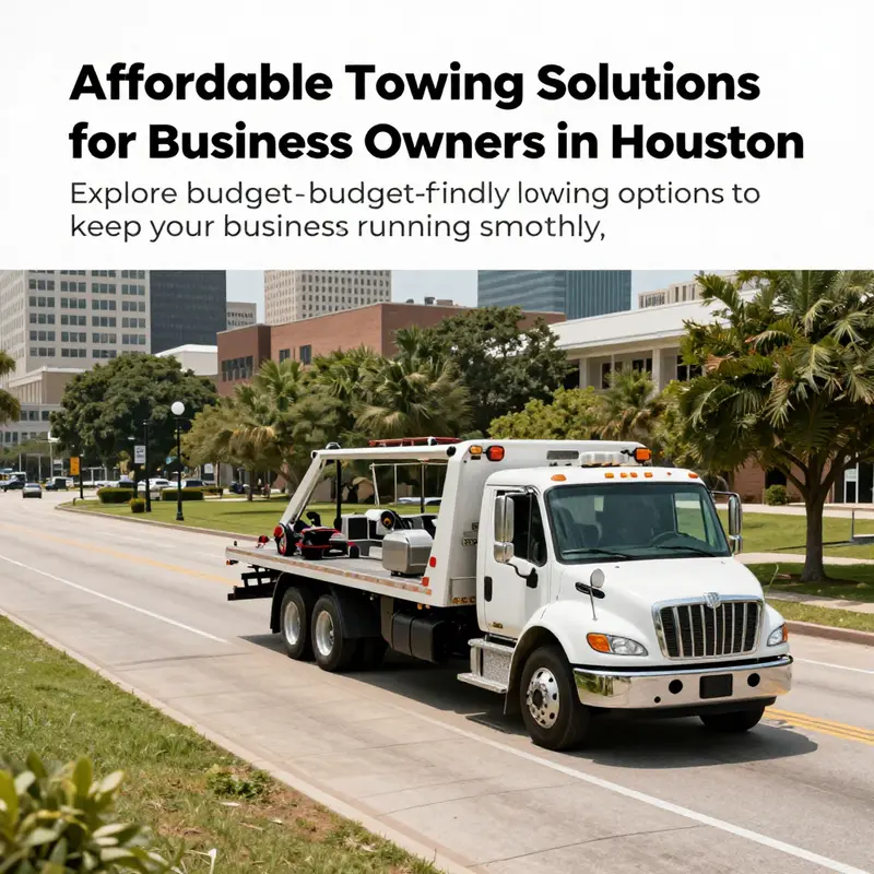 A townscape of Houston featuring a tow truck, signifying reliable and accessible towing options.