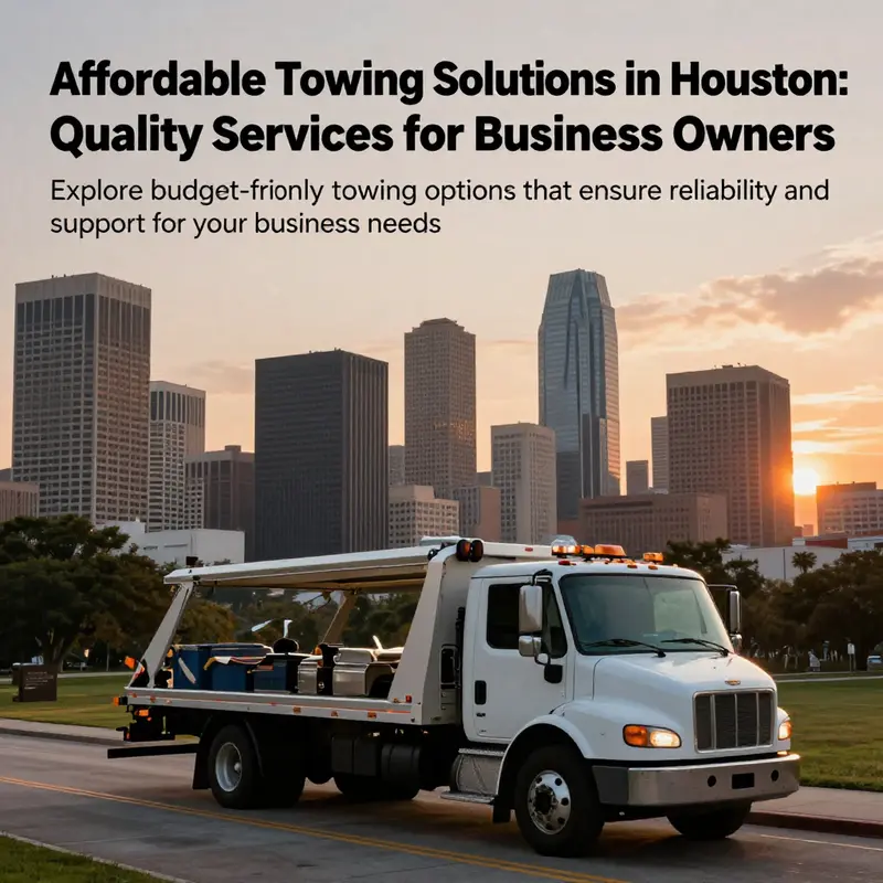 A beautiful sunset view of Houston with a tow truck indicative of local towing services.