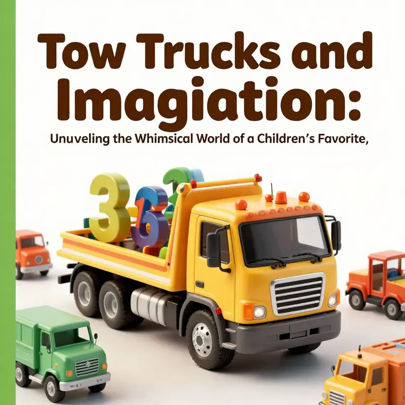 A colorful and whimsical illustration of a tow truck in a cartoonish landscape, surrounded by exaggerated numbers of trucks and vehicles, reflecting the imaginative spirit of the children's book.