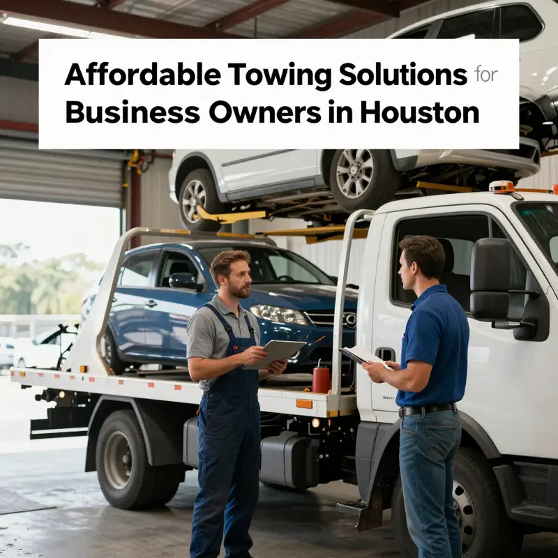 A towing truck providing assistance on a busy Houston street, illustrating the availability of cheap towing services.